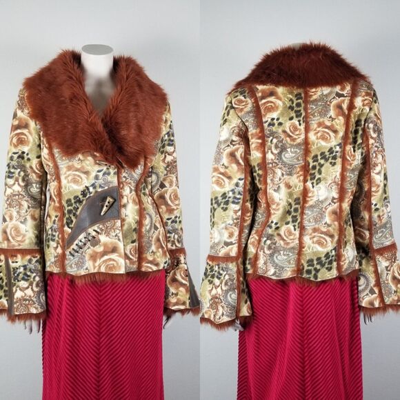 Outerwear By Lisa Y2K 90s Floral Faux Suede/Leather/Fur Bohemian Coat Size Small - Picture 1 of 16
